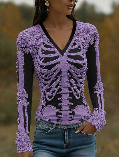 Women's Halloween Skeleton Bones With Roses Art Casual Long Sleeve V Neck T-shirt