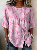 Women's Breast Cancer Awareness Retro Pink Print Button-Down Tie-Front Shirt
