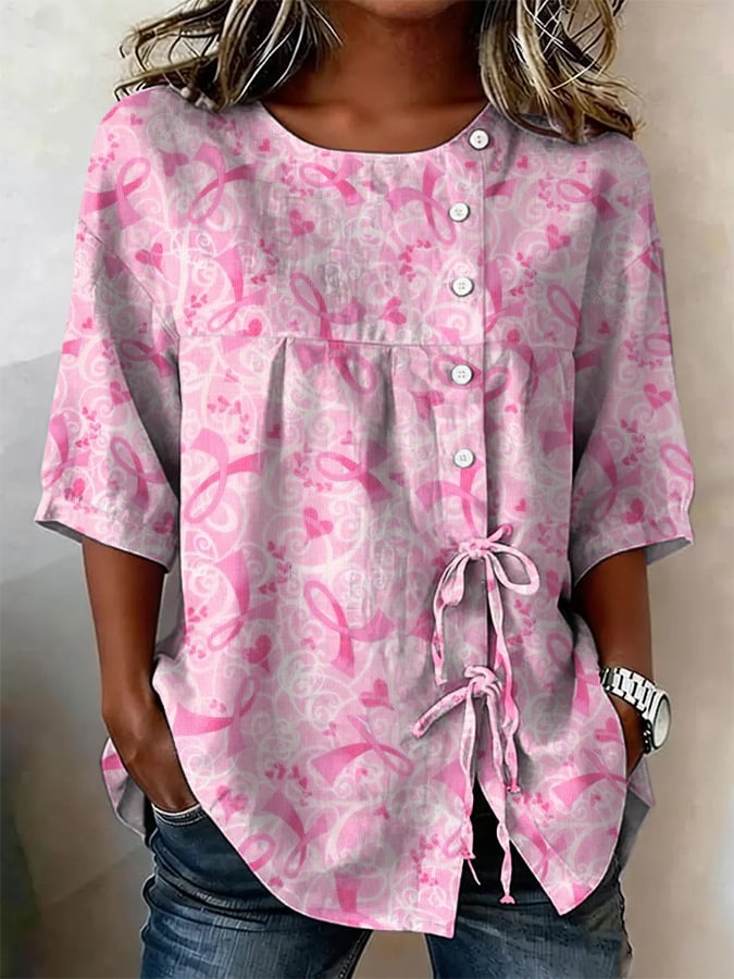 Women's Breast Cancer Awareness Retro Pink Print Button-Down Tie-Front Shirt