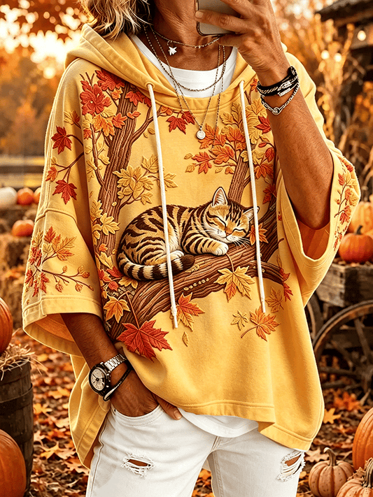 Women's Autumn Maple Leaf Animal Cat Pattern Comfortable Hooded Sweatshirt