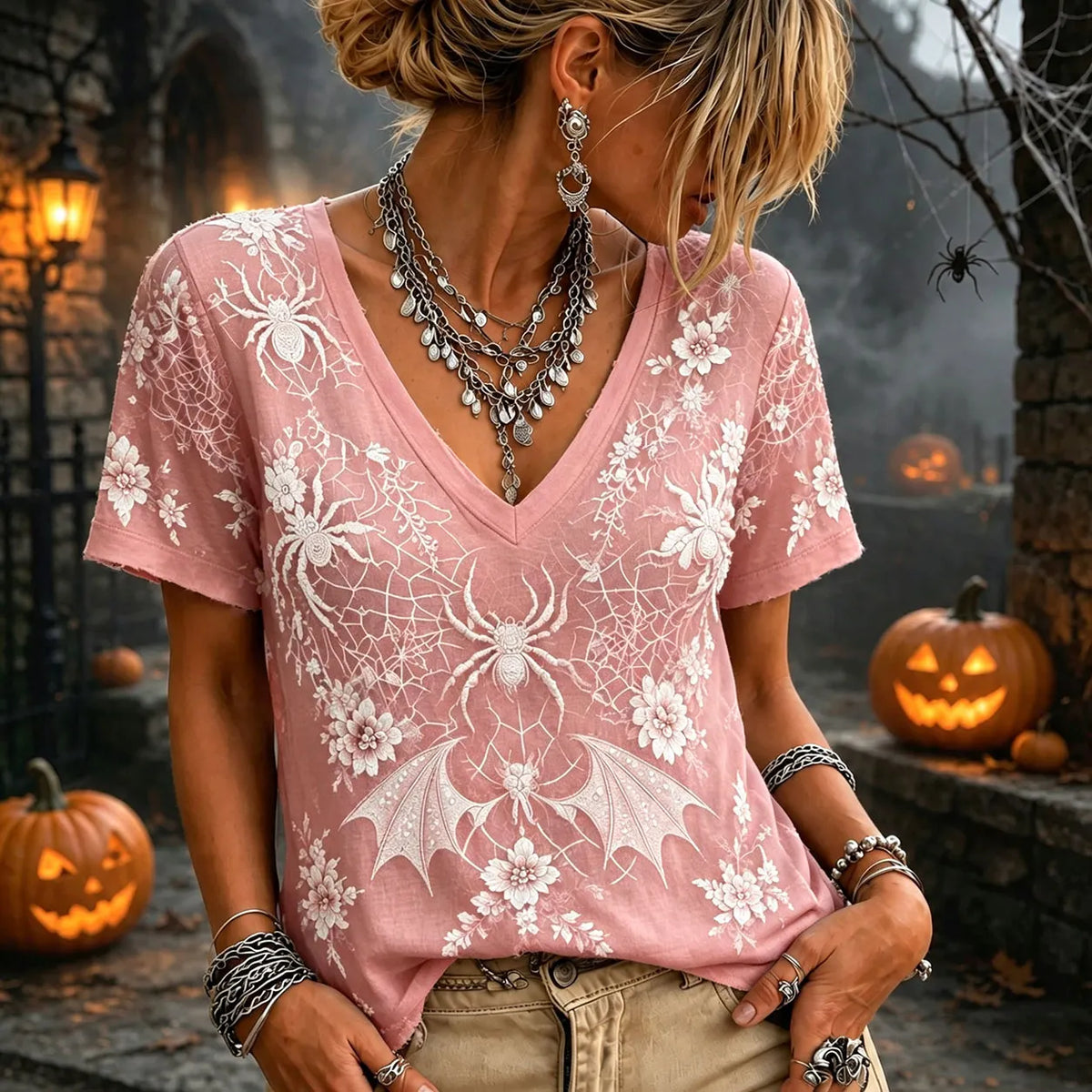 Women 3d Silver Spider Bat Floral Lace Mesh V Neck Short Sleeve Gothic Witch Halloween Top
