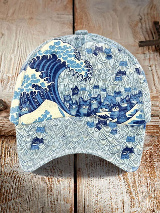 Unisex Blue Waves&Cats Print Hat