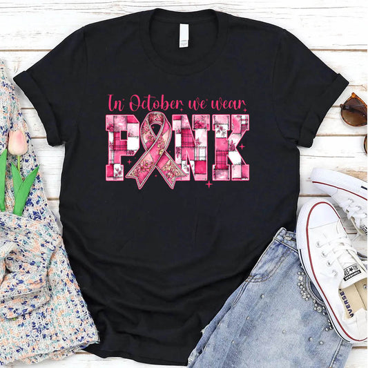 Women's Vintage In October We Wear Pink  Pattern Round-Neck T-Shirt