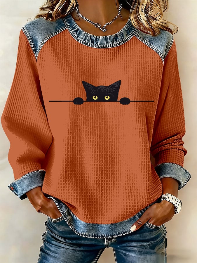 Women's Retro Cat Print Sweatshirt