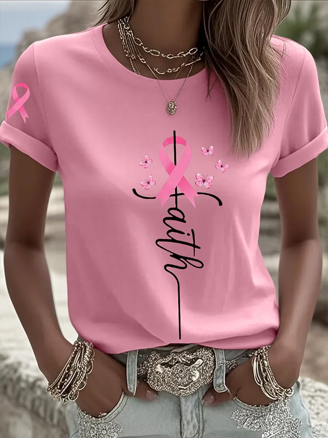Women's Breast Cancer Awareness Printed Round Neck T-Shirt