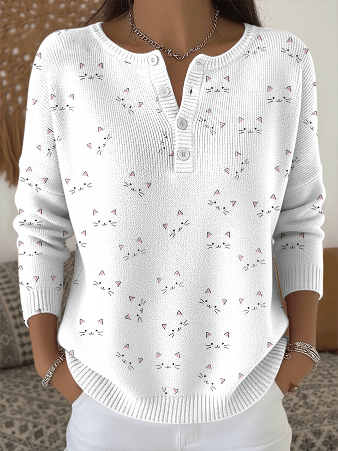 Women's Cute Cat Print Knit Button Top