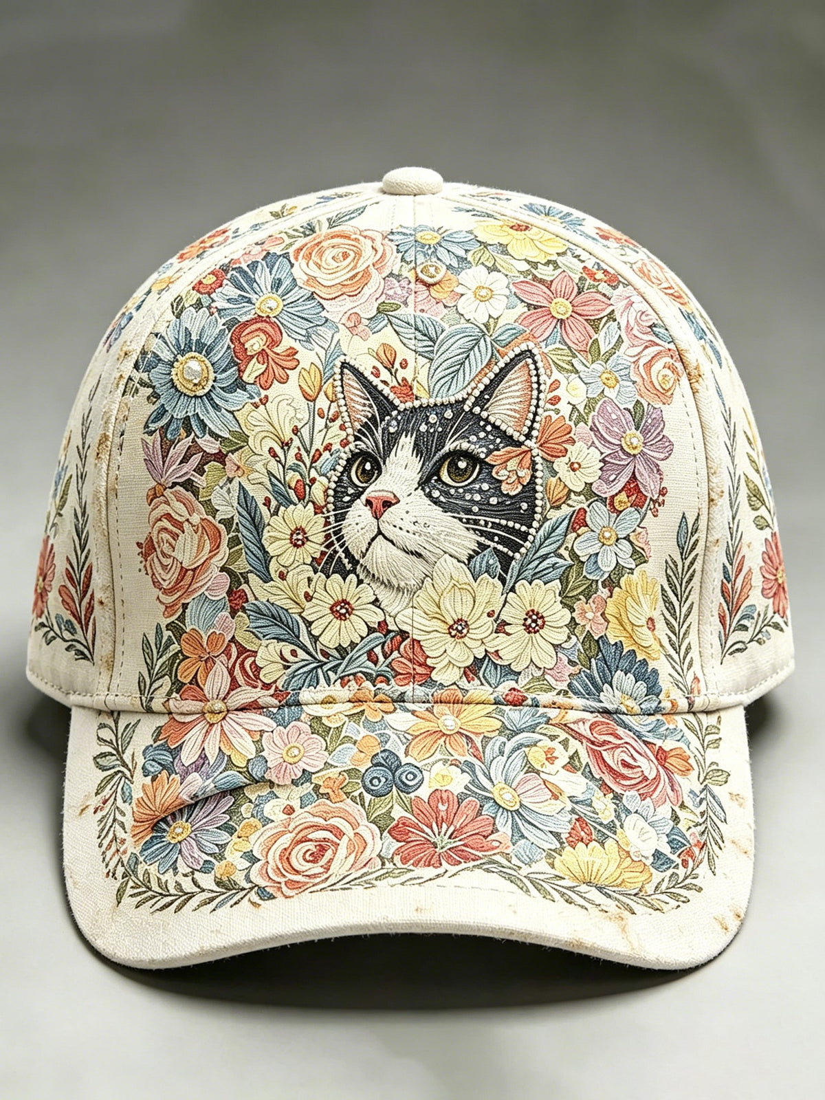 Unisex Retro Cat With Floral Graphic Print Hat