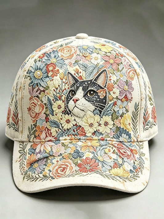 Unisex Retro Cat With Floral Graphic Print Hat