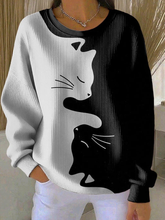 Women's Retro Cat Print Knitted Crew Neck Long Sleeve Top