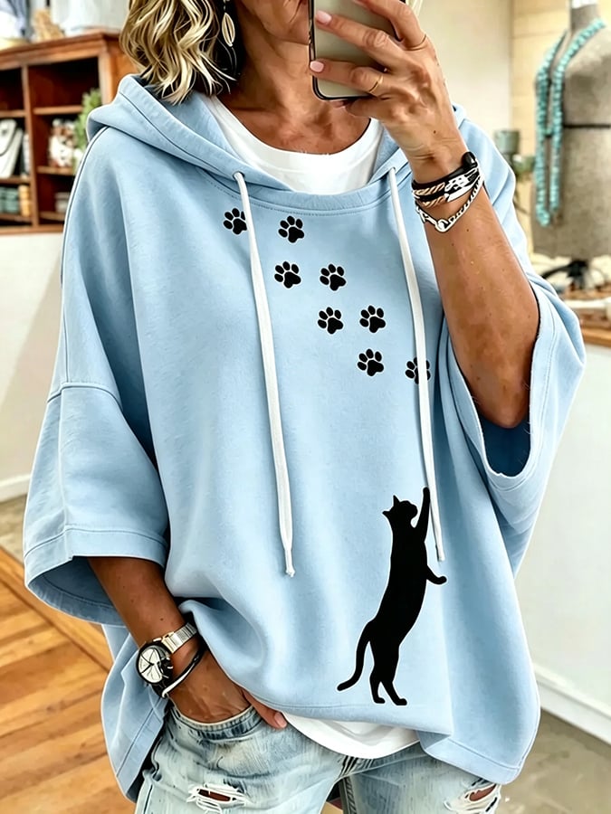 Women's Cute Cat Print Hooded Sweatshirt