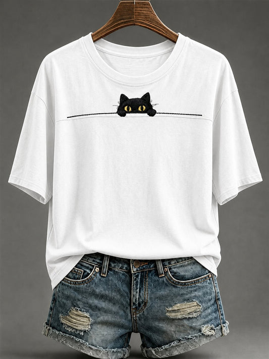 Women's Retro Peeking Kitten Print Crew Neck Top