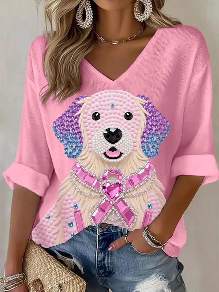 Women's Retro Pink Ribbon Animals Print T-Shirt