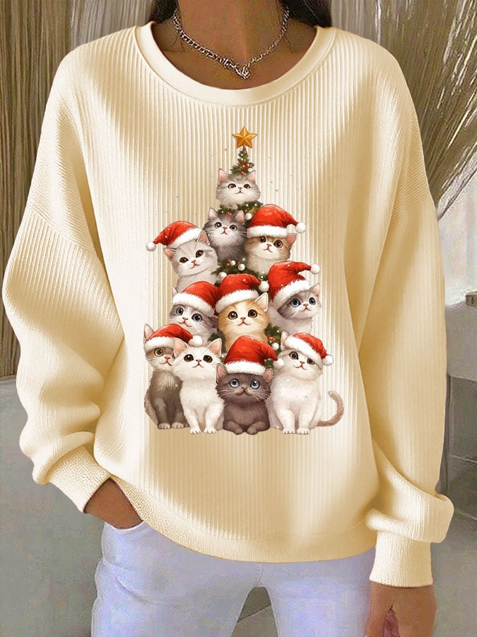 Women's Christmas Cat Print Knit Crew Neck Long Sleeve Top