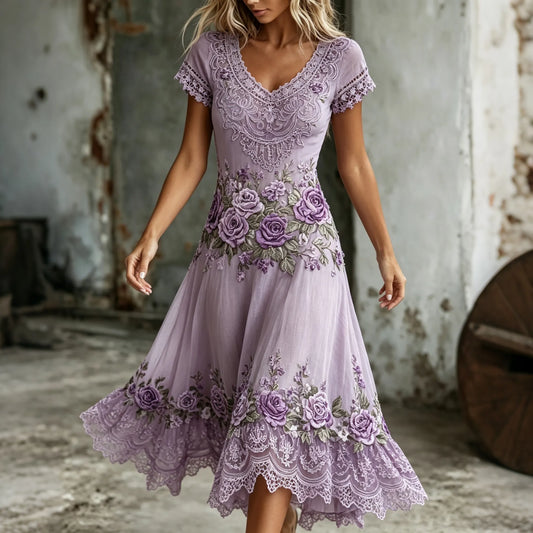 Women's Retro Purple Rose Embroidery Art V Neck Short Sleeve Midi Dress