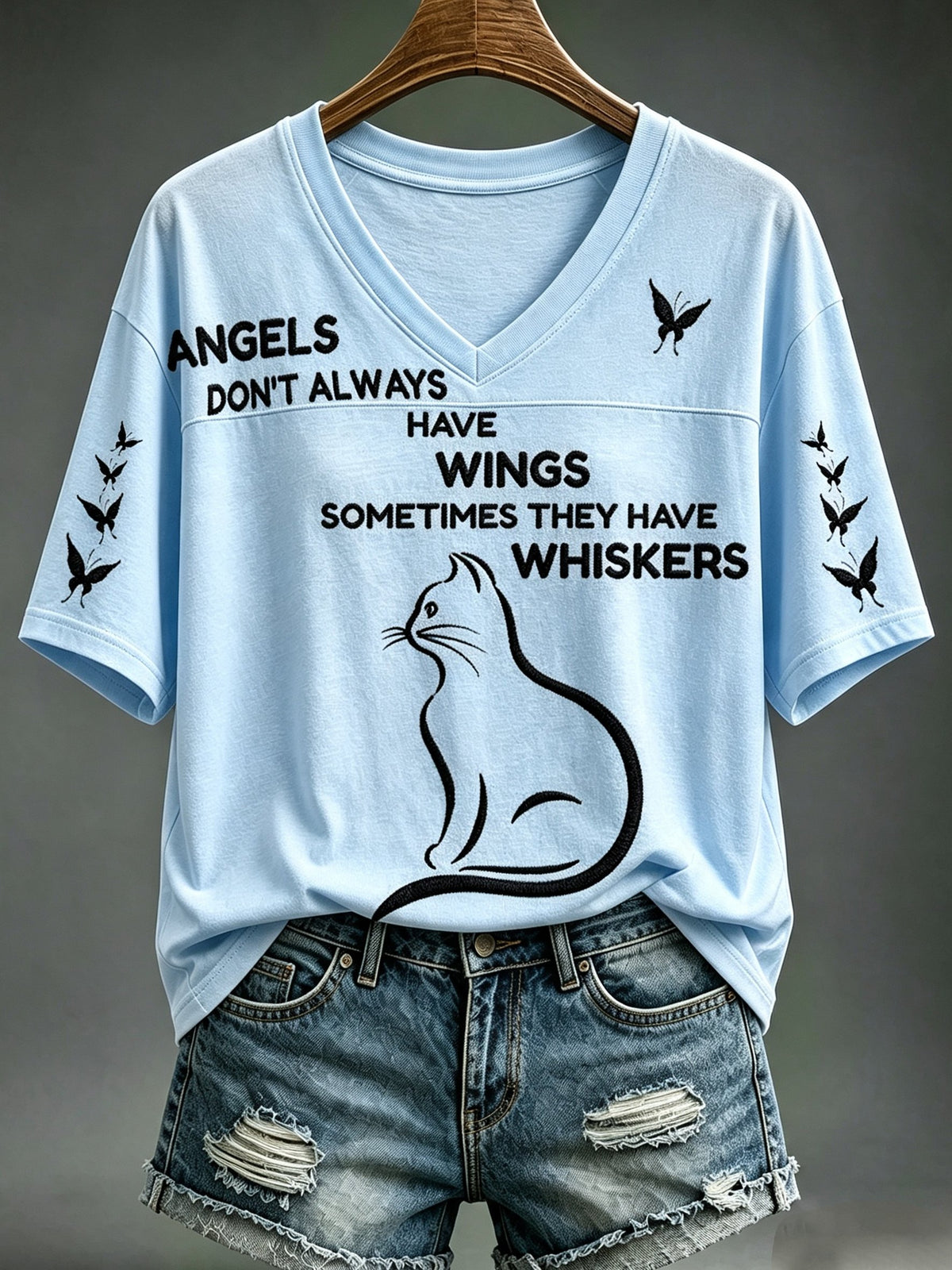 Women's Cat Whiskers Angel Print V-neck Top