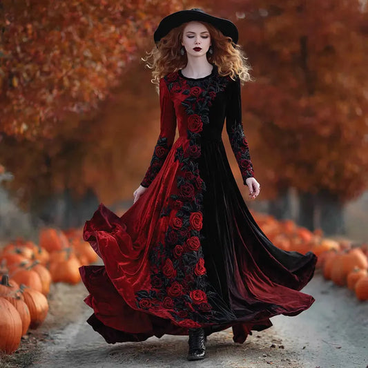Women's  Halloween Black Roses Art Comfy Velvet Round Neck Maxi Dress