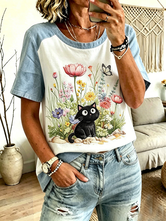 Women's Floral Cat Print Denim Patchwork Top