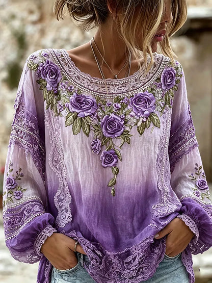 Women's Retro Purple Rose Embroidery Art Crew Neck Long Sleeve T-shirt