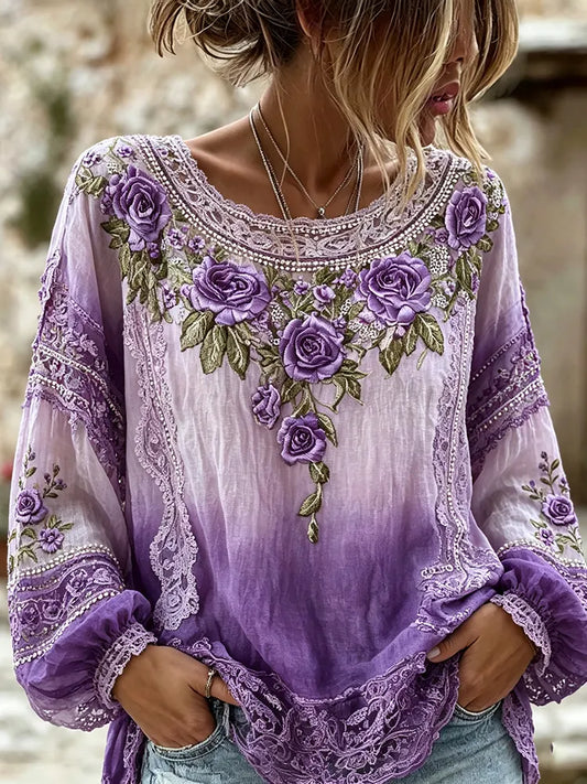 Women's Retro Purple Rose Embroidery Art Crew Neck Long Sleeve T-shirt