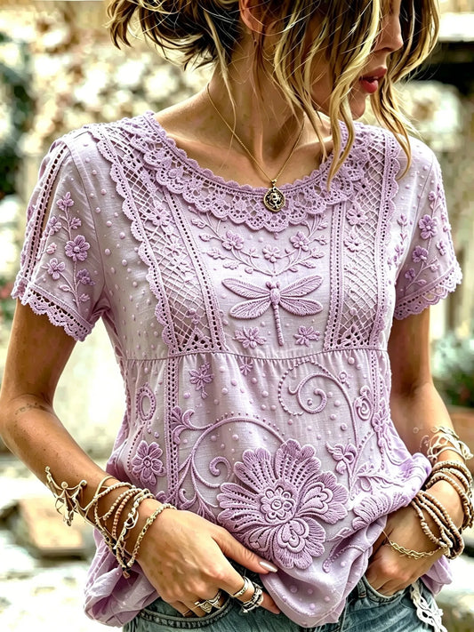 Women's Retro Bohemian Style Floral And Dragonfly Embroidered Lace Patchwork Print Top