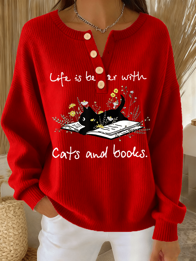 Women's Cute Cat Print Knit Button Top
