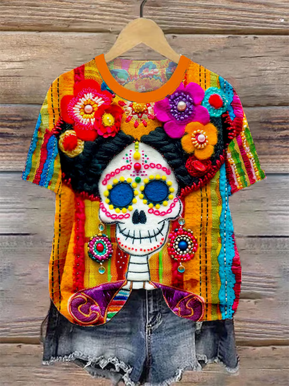 Mexican Sugar Skeleton Catrina Day Of The Dead Inspired Cotton Graphic T-Shirt