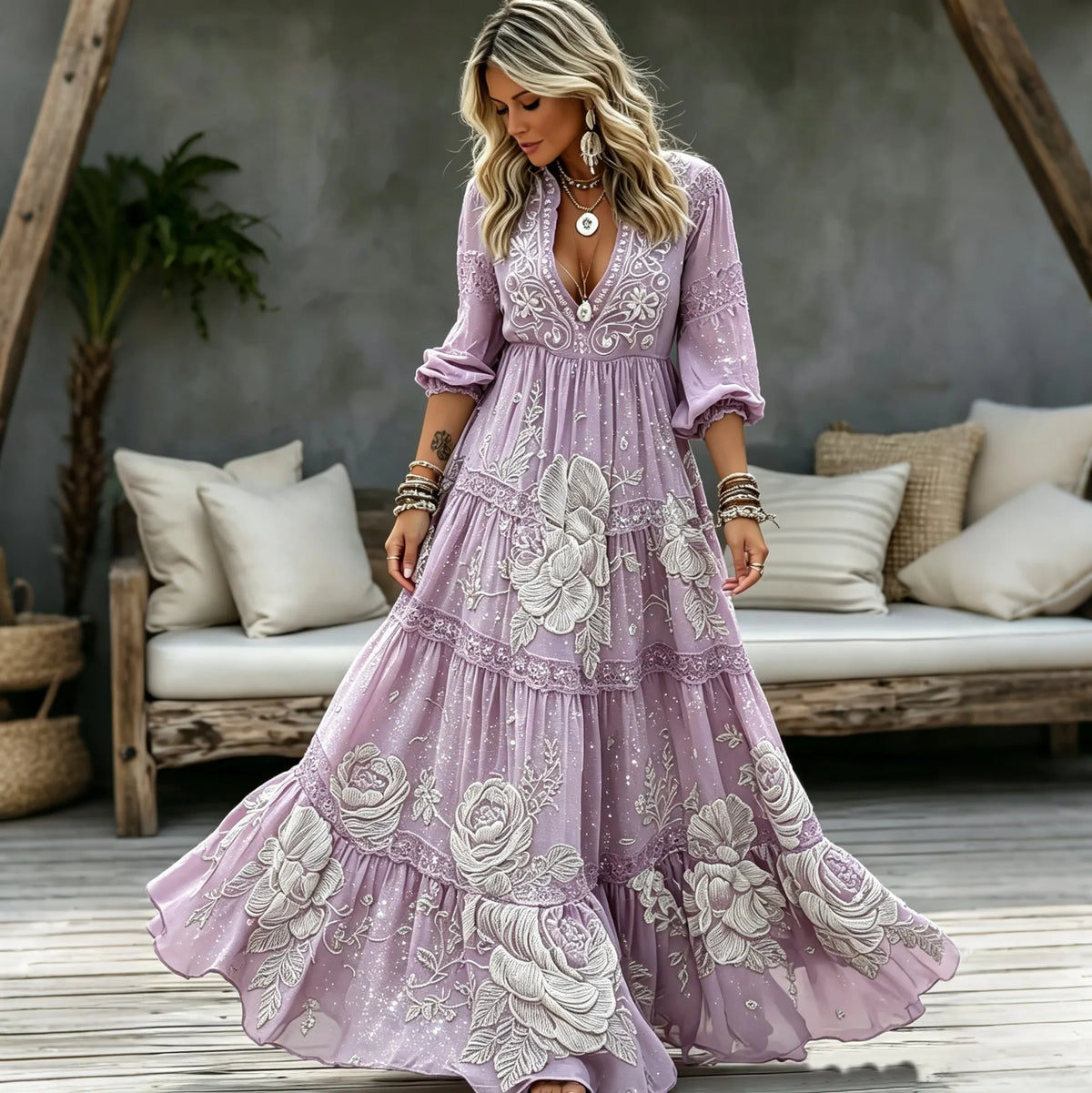 Women's Retro Floral Art Print Casual V Neck Long Sleeve Maxi Dress