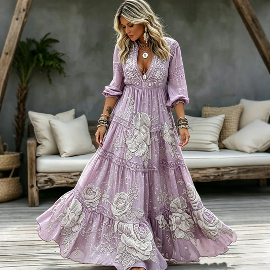 Women's Retro Floral Art Print Casual V Neck Long Sleeve Maxi Dress