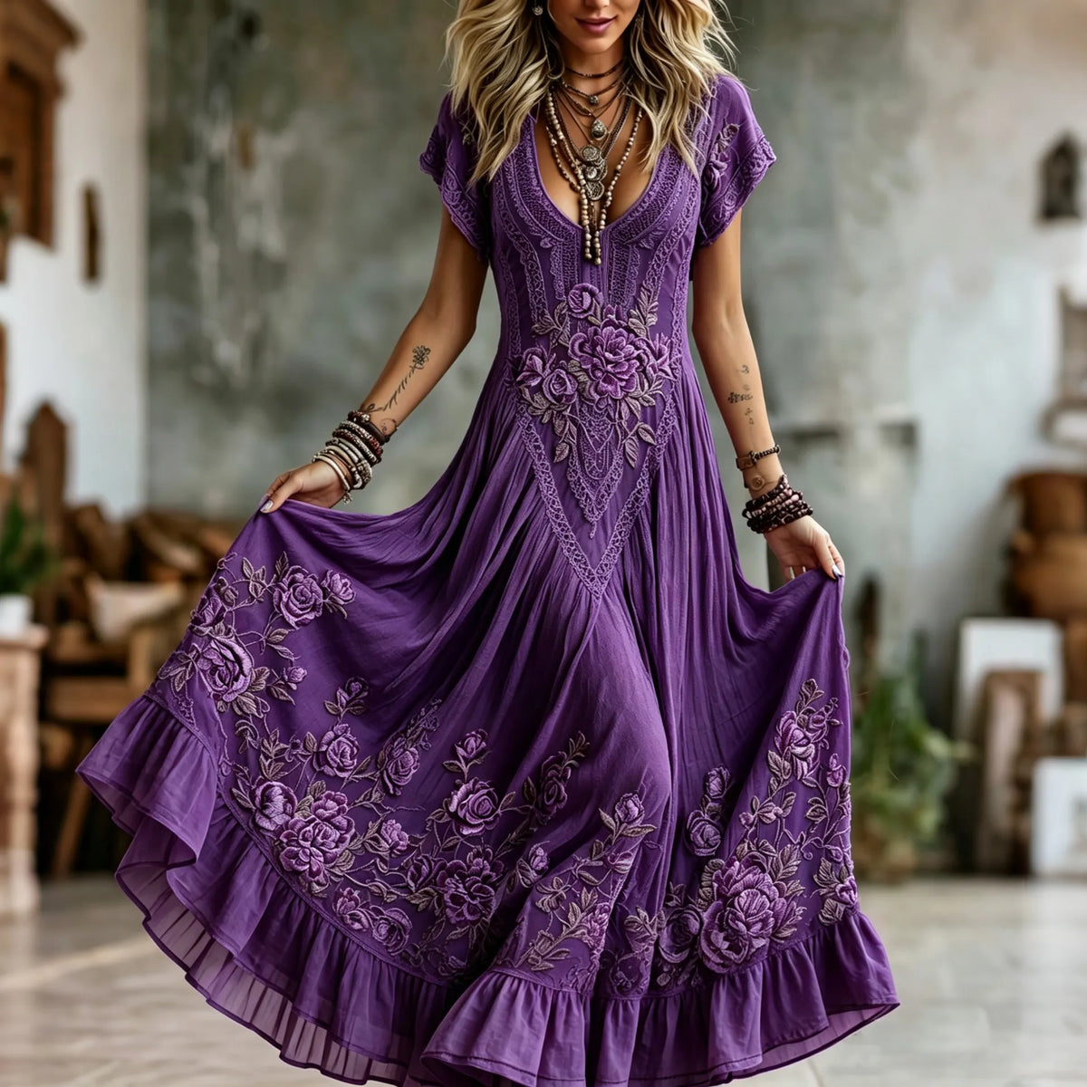 Women's Vintage Floral Embroidered Art V-neck Short Sleeve Flowy Maxi Dress