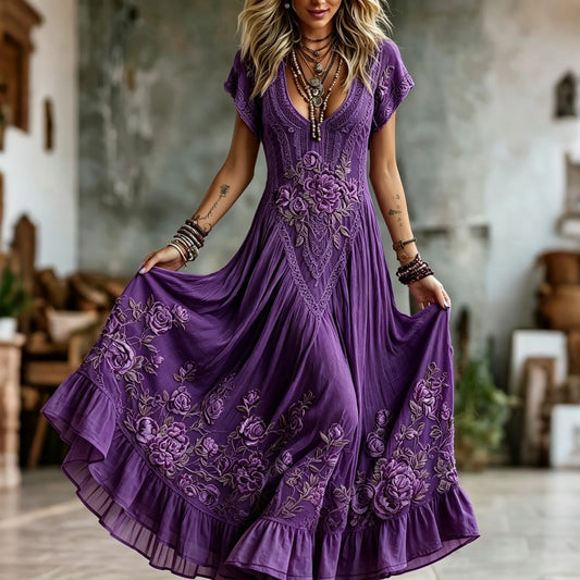 Women's Vintage Floral Embroidered Art V-neck Short Sleeve Flowy Maxi Dress