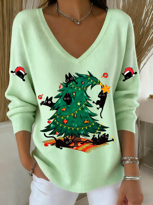 Women's Cute Christmas Tree and Black Cat Print Casual Holiday Top