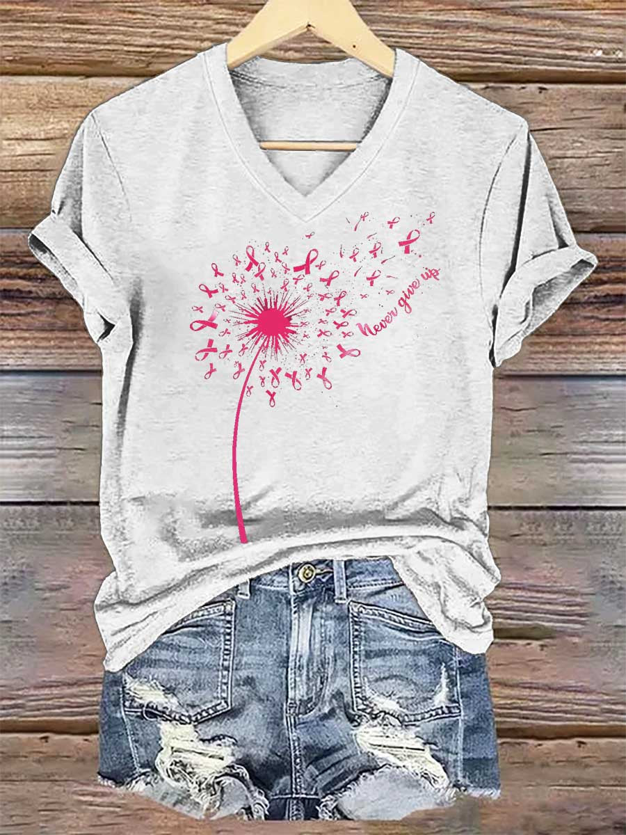 Women's Never Give Up Breast Cancer Awareness V-neck Casual T-Shirt
