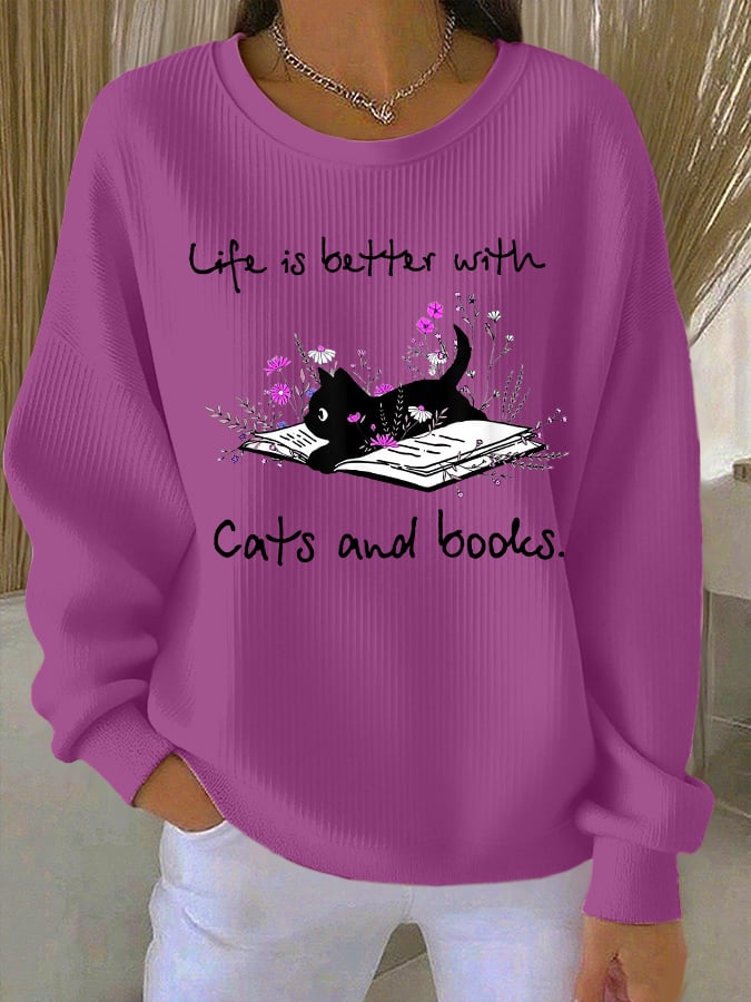 Women's "Life Is Better With Cats And Books." Printed Knit Crew Neck Long Sleeve Top