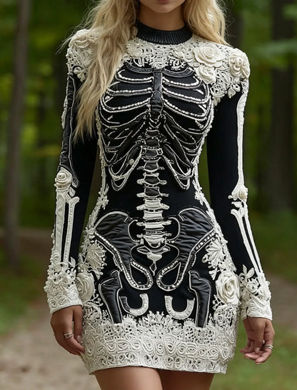 Women's Halloween Skeleton Bones Leather With Rose Pattern Art Hot Sexy Style Cozy Knit Mini Sweater Dress