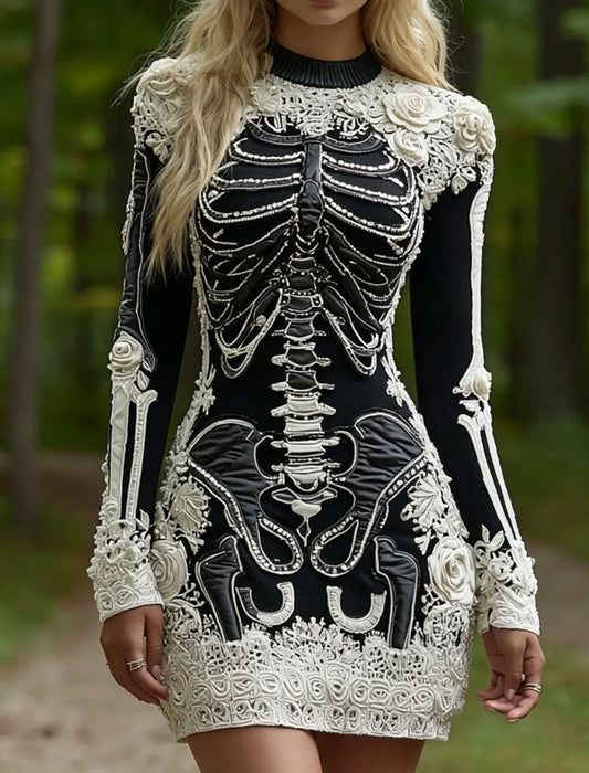 Women's Halloween Skeleton Bones Leather With Rose Pattern Art Hot Sexy Style Cozy Knit Mini Sweater Dress