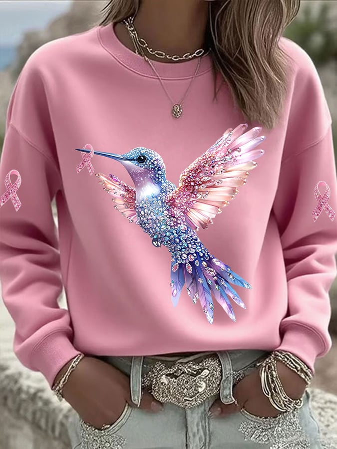 Women's Pink Hummingbird Print Sweatshirt