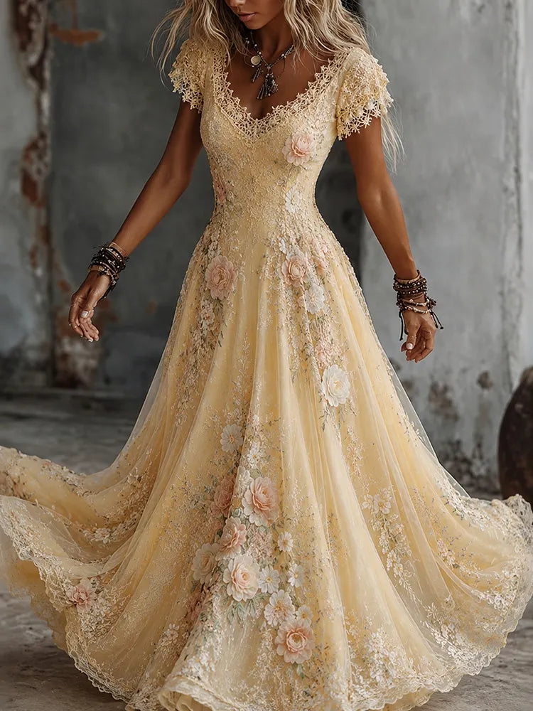 Women's Retro Bohemia Floral Embroidered Gradient Art Flowy Maxi Dress