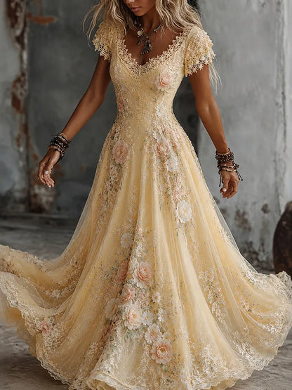 Women's Retro Bohemia Floral Embroidered Gradient Art Flowy Maxi Dress