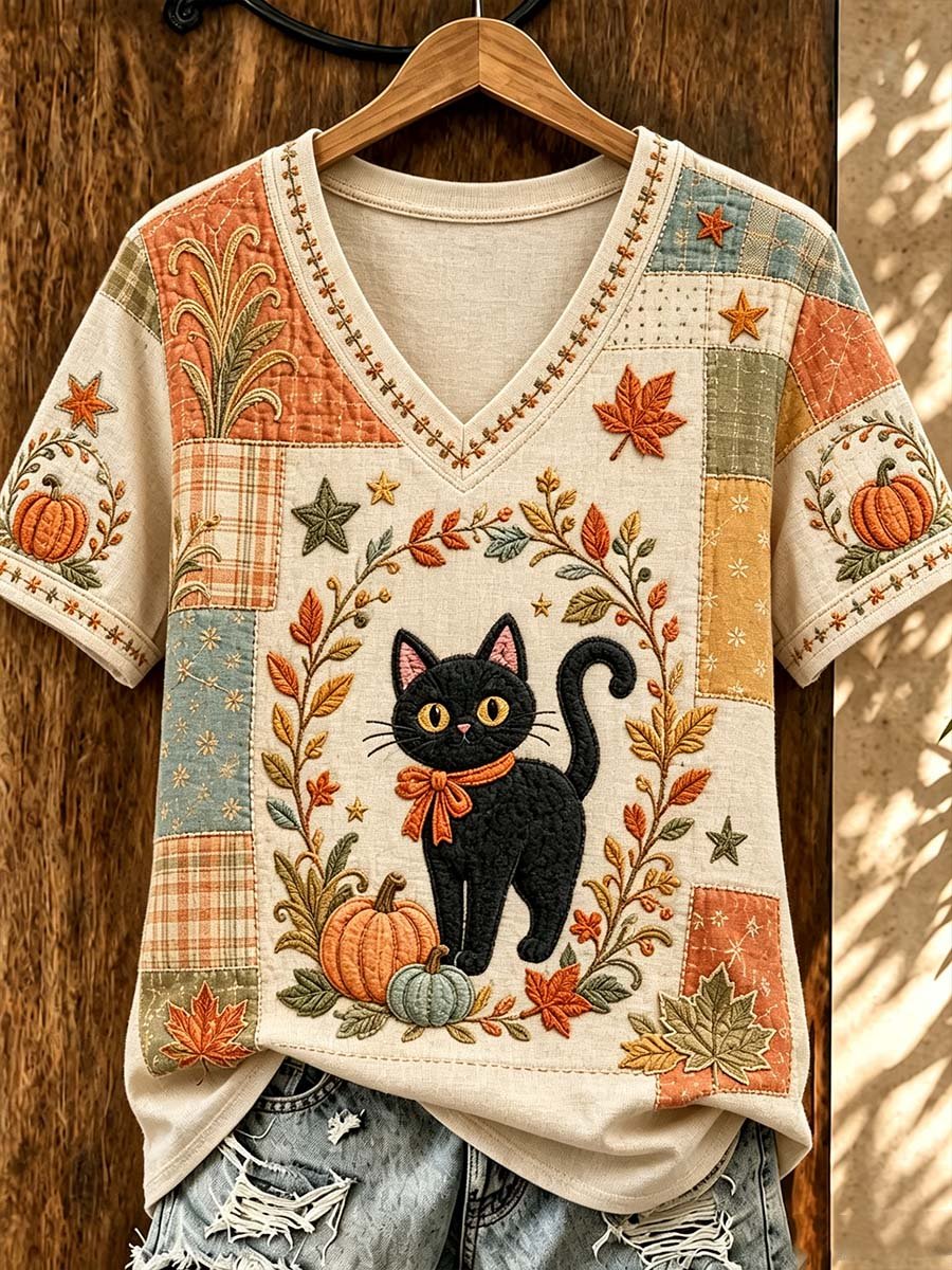 Women's Autumn Cute Black Cat Print Casual V-Neck T-Shirt