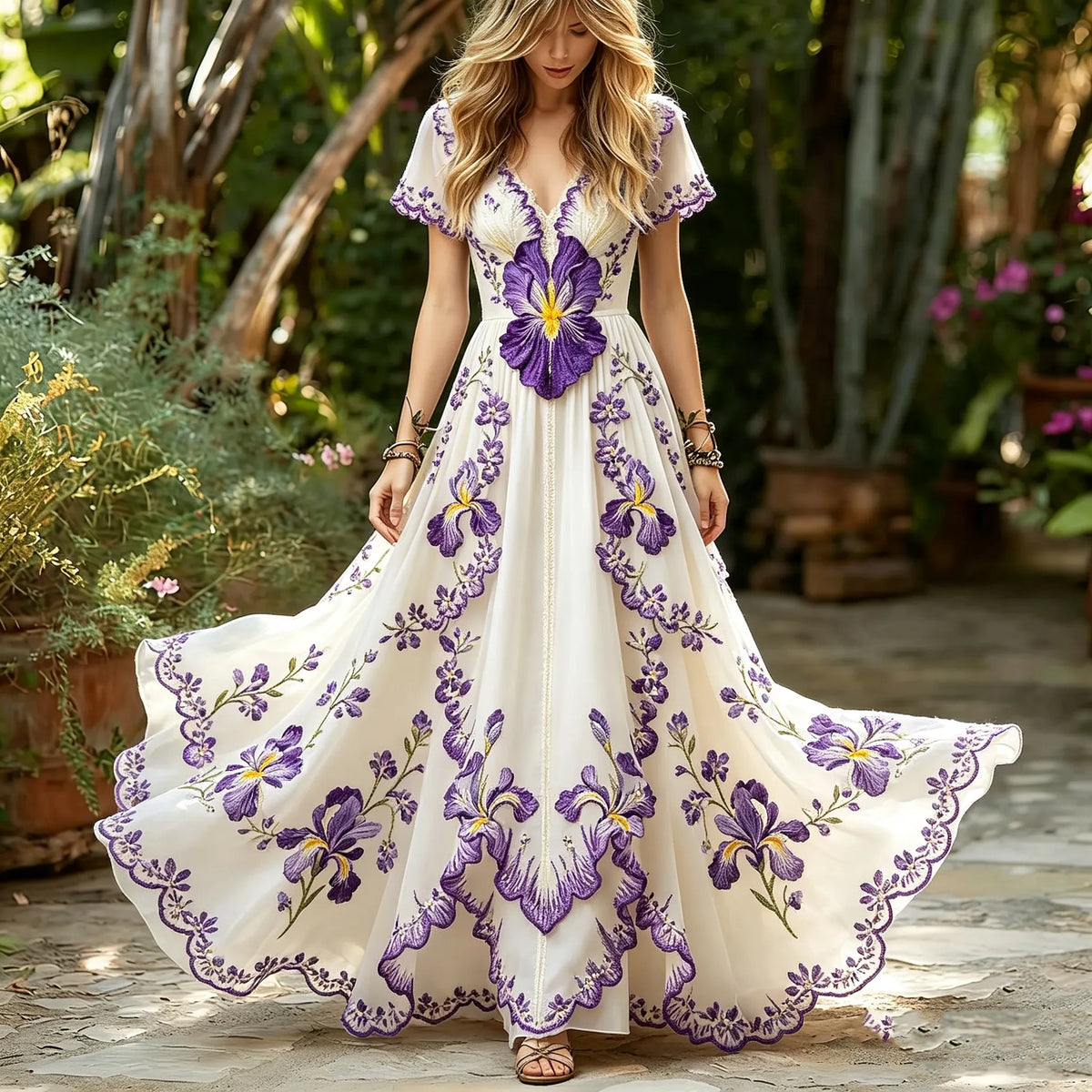 Women's Retro Violet Floral Embroidered Long Dress