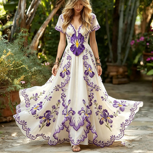 Women's Retro Violet Floral Embroidered Long Dress