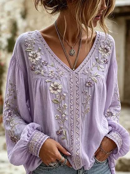 Women's Floral Embroidery Art Flowy Linen Blend Long Sleeve Casual Tops