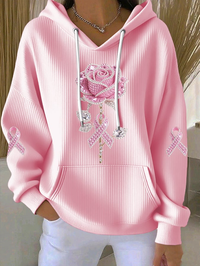 Women's Breast Cancer Awareness Roses Print Casual Sweatshirt