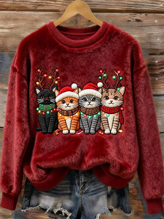 Women's Casual Christmas Cute Cat Print Long Sleeve Flannel Sweatshirt