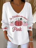 Women's Breast Cancer Pumpkin Print Long Sleeve Top
