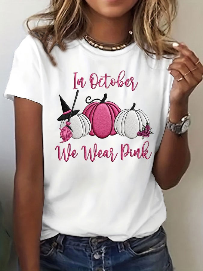 Women's Breast Cancer In October We Wear Pink Print Crew Neck T-Shirt
