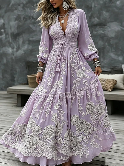 Women's Retro Tribal Floral Art Casual V Neck Long Sleeve Maxi Dress