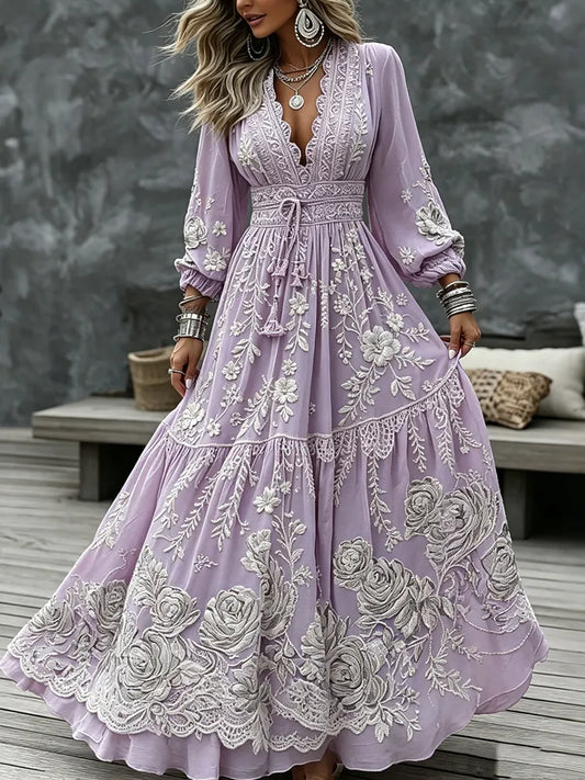 Women's Retro Tribal Floral Art Casual V Neck Long Sleeve Maxi Dress