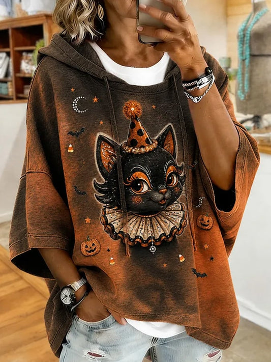 Women's Halloween Cat Print Hoodie