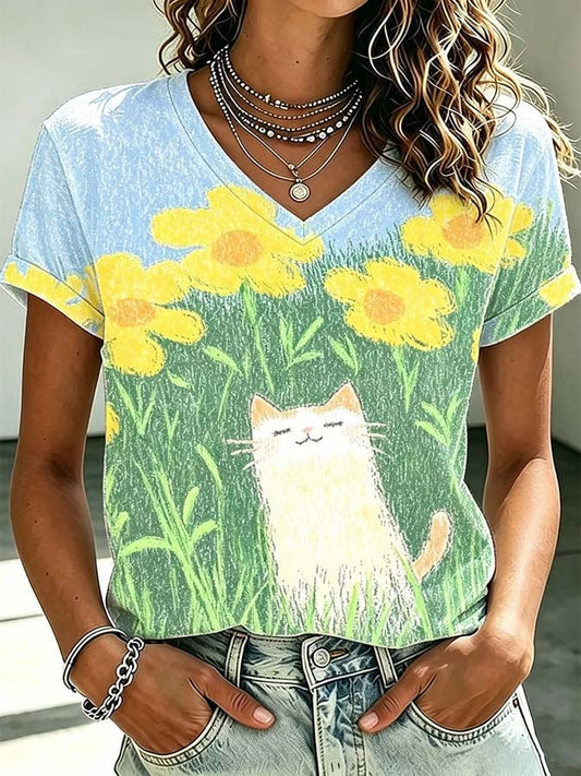Women'S Casual Cat-Print Top